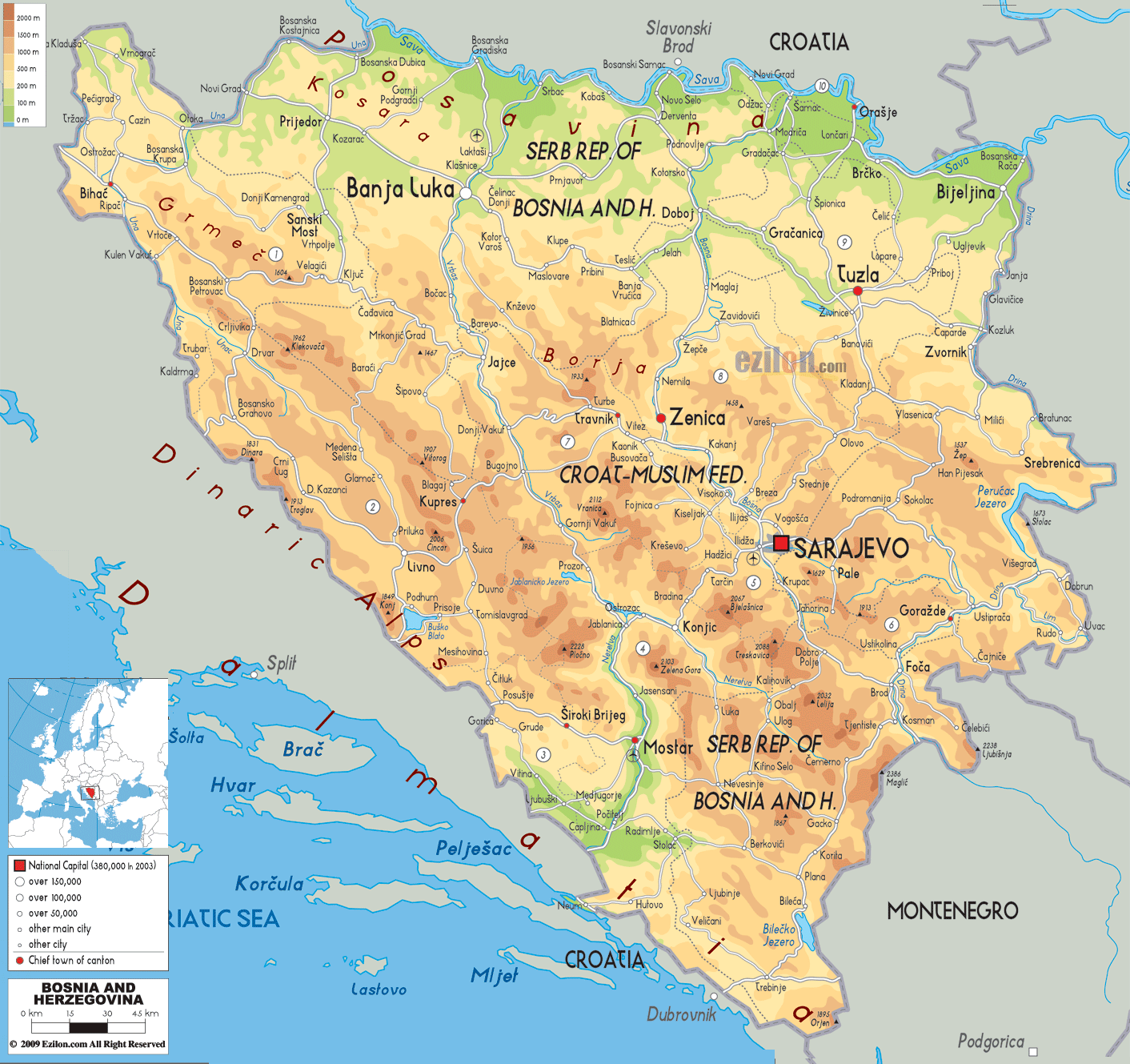 physikalisch karte von bosnien und herzegowina